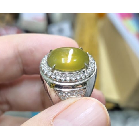 Batu Natural Idocrase Bio Solar Aceh Giwang Melintir IDC024 Glossy Klimis Ikatan Perak Mewah