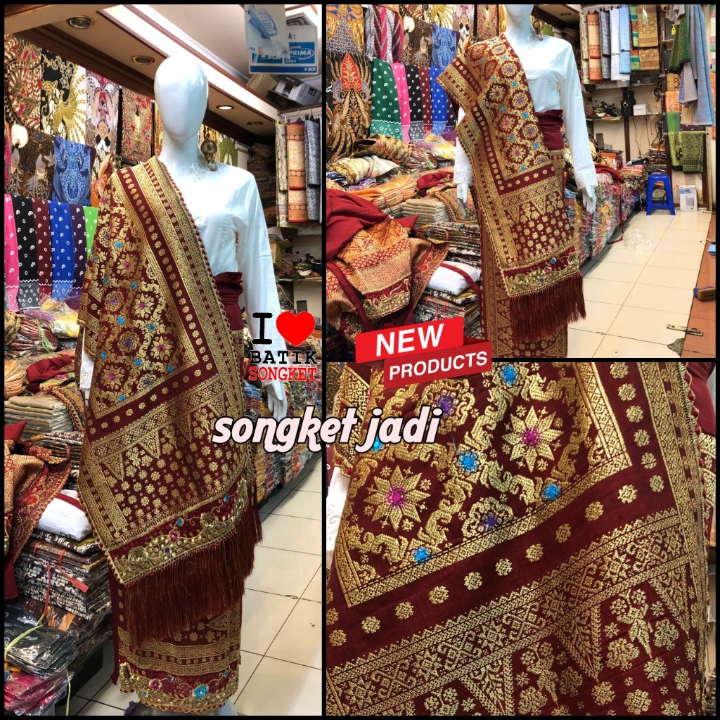 SONGKET JADI BORDIR MOTIF 2 SIAP PAKAI SUTRA PALEMBANG BENANG KRISTAL EMAS PENGANTIN MERAH MARUN PEN