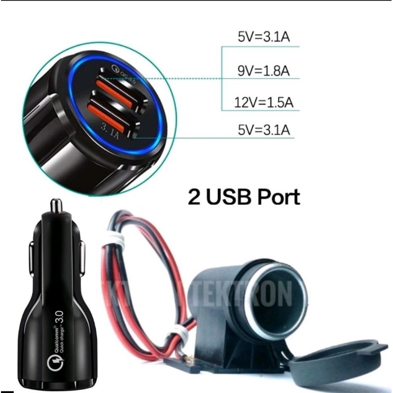 Paket Cas Hp Mobil Motor Konverter Socket Lighter Komplet USB Charger Hp Pengisi Daya Hp Mobil Motor