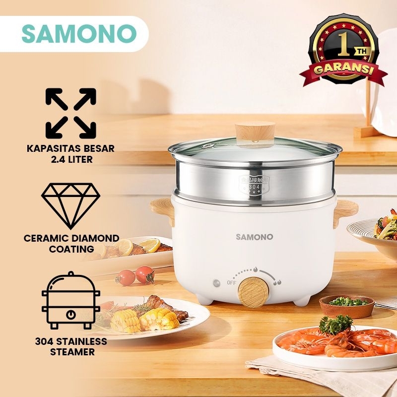 SAMONO SW-DG01S Panci Listrik 4 Liter Fry Pan Teflon Keramik Kukusan Stainless Serbaguna Low Watt - 