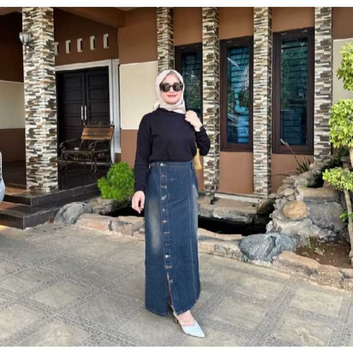 Rok Jeans Levis Streetch Span Panjang Gisca Kancing Depan Tebal Melar [ COD ]