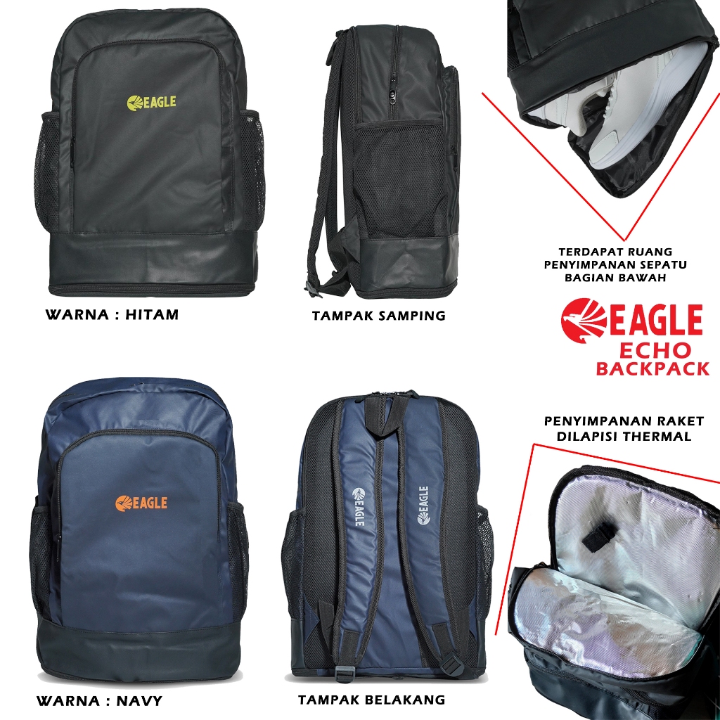 Tas Ransel Badminton Merk Eagle Echo Backpack Original Tas Ransel Raket Badminton Bahan Thermal