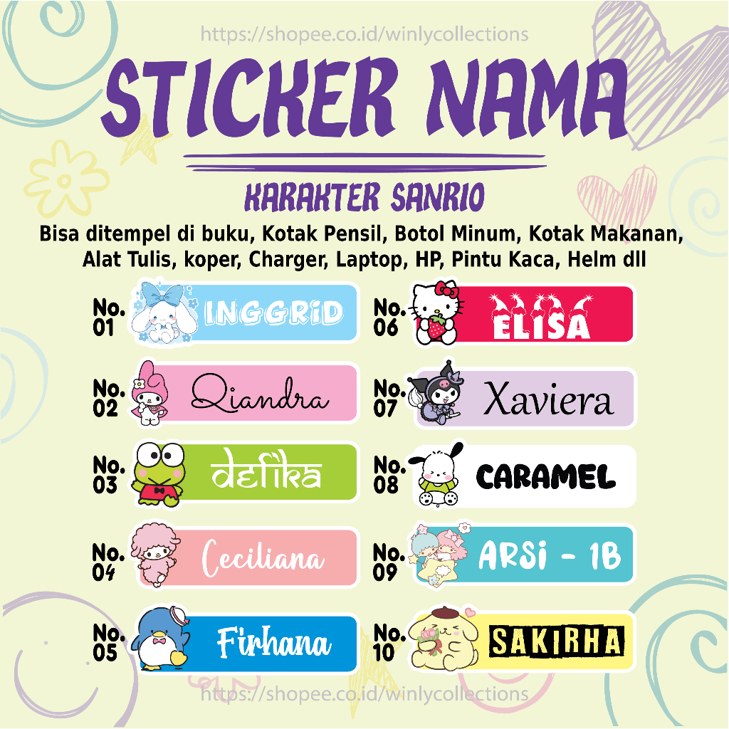

STICKER LABEL NAMA SANRIO HELLO KITTY KUROMI CINNAMOROLL STIKER LEBEL CUSTOM PREMIUM MURAH LUCU BISA TEMPEL DI BUKU KOTAK PENSIL MAINAN ANAK HELM BOTOL MINUM KOTAK MAKANAN ALAT TULIS KOPER LAPTOP HP PINTU KACA