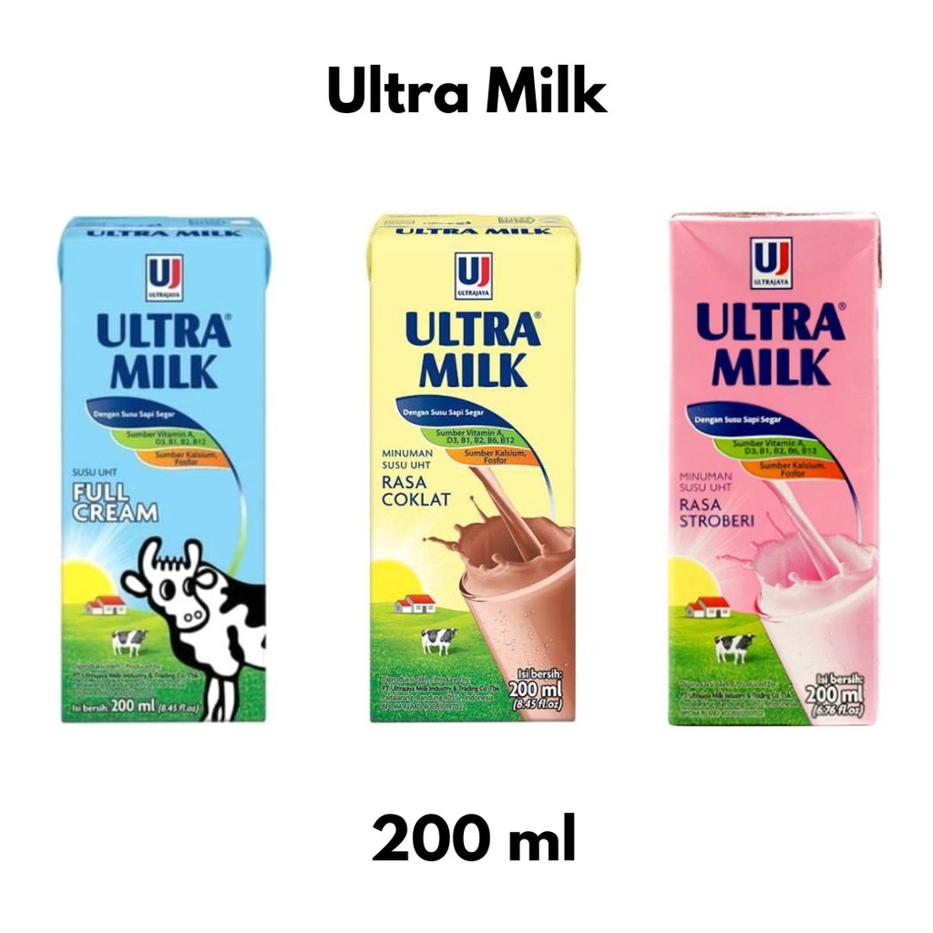 

SUSU ULTRA MILK UHT 200 ML (COKLAT, FULL CREAM, STROBERI}