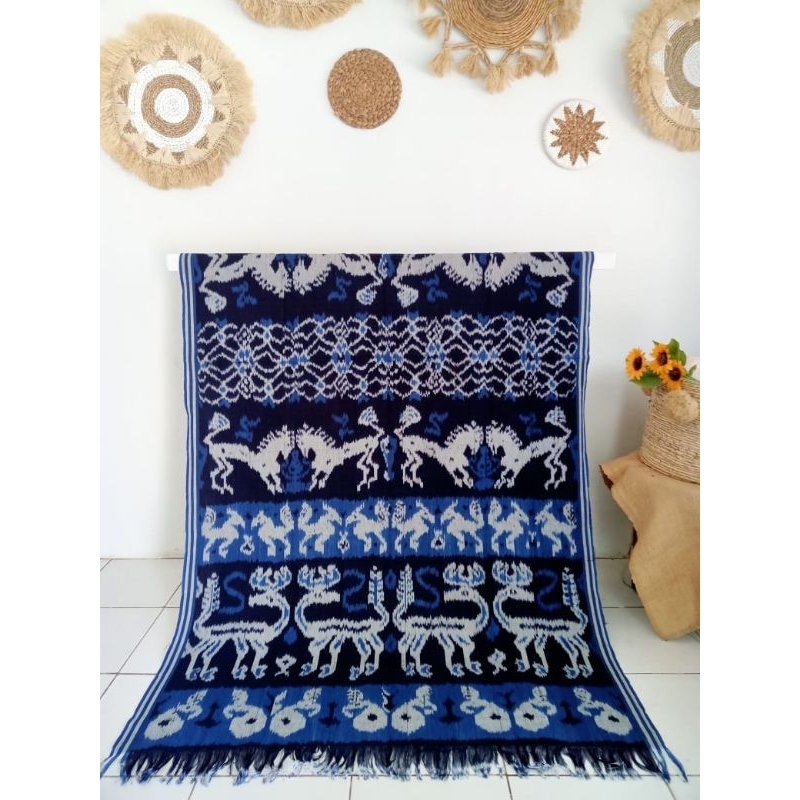 KAIN TENUN BLANKET TRADISIONAL TROSO JEPARA,KAIN TENUN ETNIK NUSANTARA MOTIF SUMBA WARNA BIRU, KAIN 