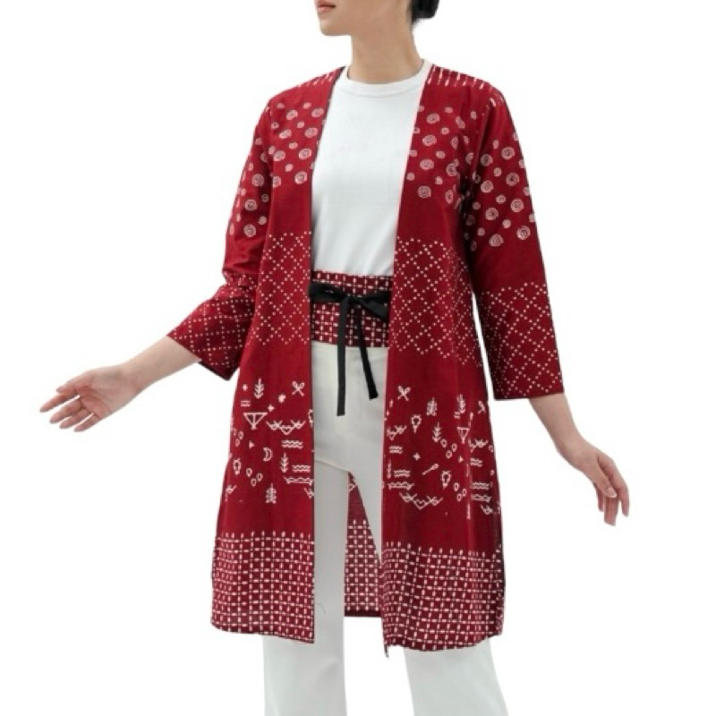 OUTER BATIK GAYA TANPA OBI- OUTER BATIK MERAH PUTIH - CUSTOM BATIK CARDIGAN GAYA - OUTER BATIK MODER