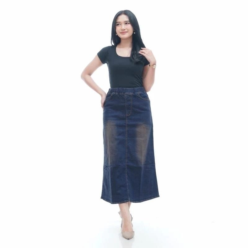 Rok Jeans Panjang Wanita A-line Pinggang Karet Jumbo / Rok Jeans Panjang Wanita Jumbo Ukuran 27-42 M