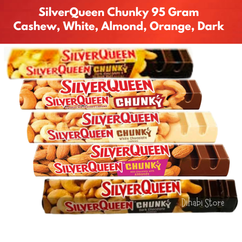 

SilverQueen Chunky Bar Besar Ukuran 95 Gram Varian Cashew , White , Almond , Orange Peel , Dark Chocolate