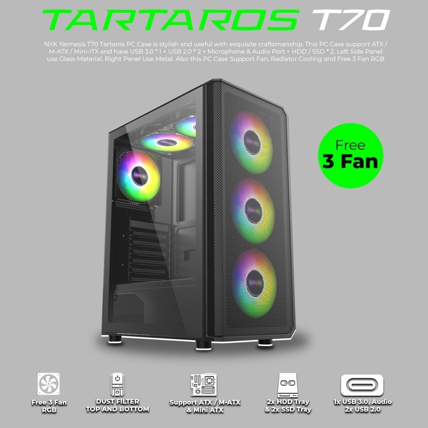 KODE F46W NYK Nemesis Gaming Case Tartaros T7 Casing ATX Free 3Fan RGB