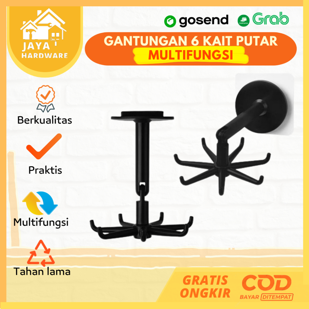 Gantungan / Cantolan Hook Tempel Dinding 6 Kait Putar 360 Derajat | Gantungan Hook Tembok Spatula Su