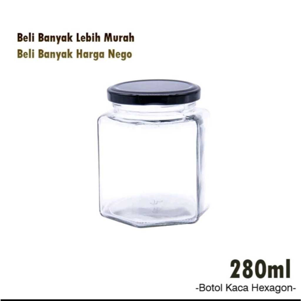 Botol Madu Botol Sambel Botol bumbu Toples kaca makanan 280ml Jar kaca hexagonal tutup kaleng
