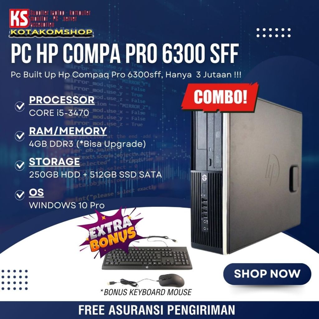 SALE PC CPU BUILT UP HP COMPAQ Pro 6300SFF CORE I5-3470 RAM 4GB HDD 250GB + SSD 512GB WINDOWS 10 PRO
