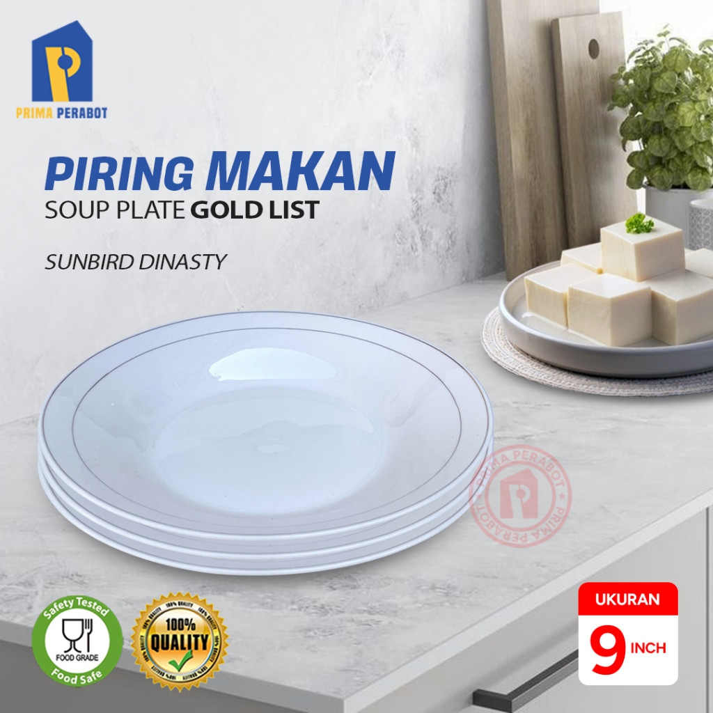 Piring Makan Keramik Putih List Emas 9 inch Dynasty SNI Premium