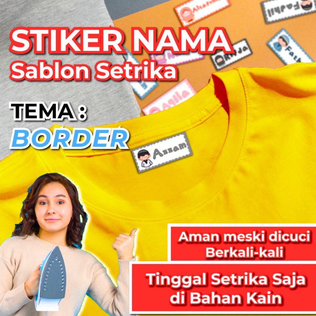 

(TEMA BORDER) Stiker Label Nama Kain Baju Kaos Sablon Setrika Sticker Iron Custom Tulisan isi 50 Pcs