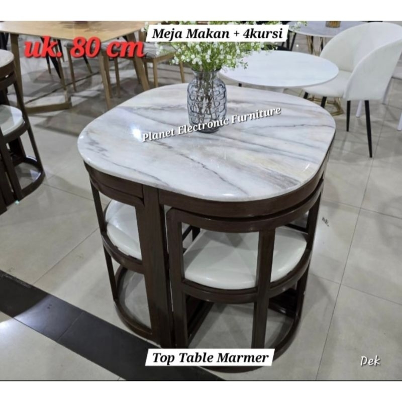 Meja Makan Marmer dengan 4kursi meja cafe meja teras meja Marmer Meja Etalase Dining set Dining tabl