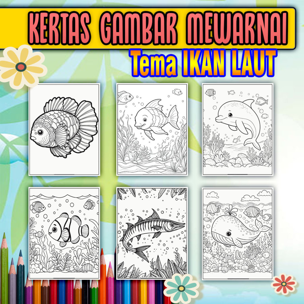 

Kertas Mewarnai Anak paud, sd, smp, sma maupun dewasa kertas tebal ukuran A4 tema IKAN LAUT