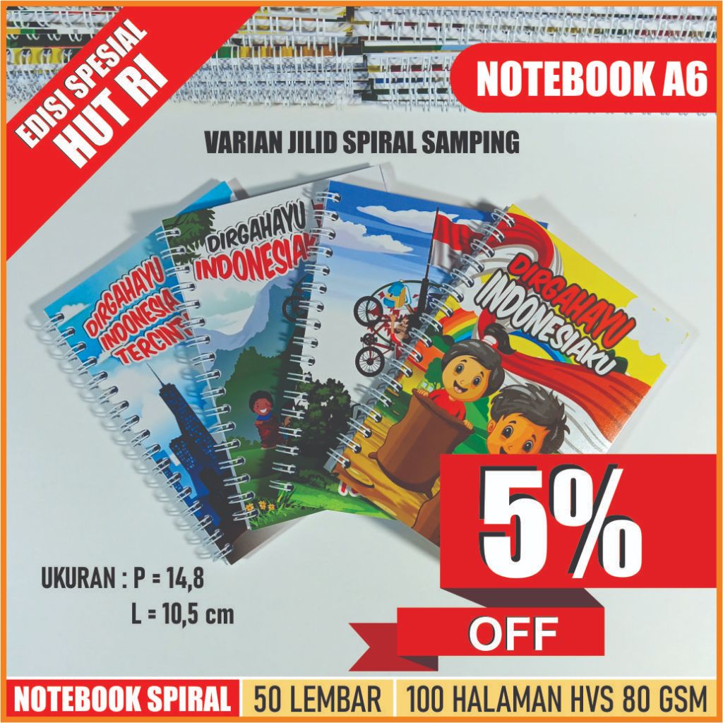 

NOTEBOOK A6 / BUKU TULIS /Souvenir/Hadiah HUT RI/Varian Jilid Samping