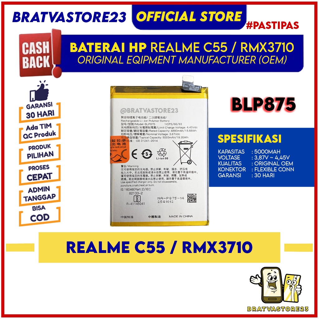 BLP875 Baterai Realme C55 RMX3710 Batre Batrai Battery Hp Original