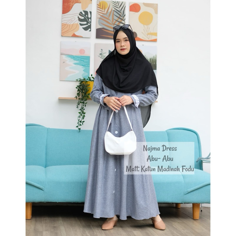 Najma Dress Allia Collection Gamis Katun Madinah Premium Polos Renda Gamis Syari