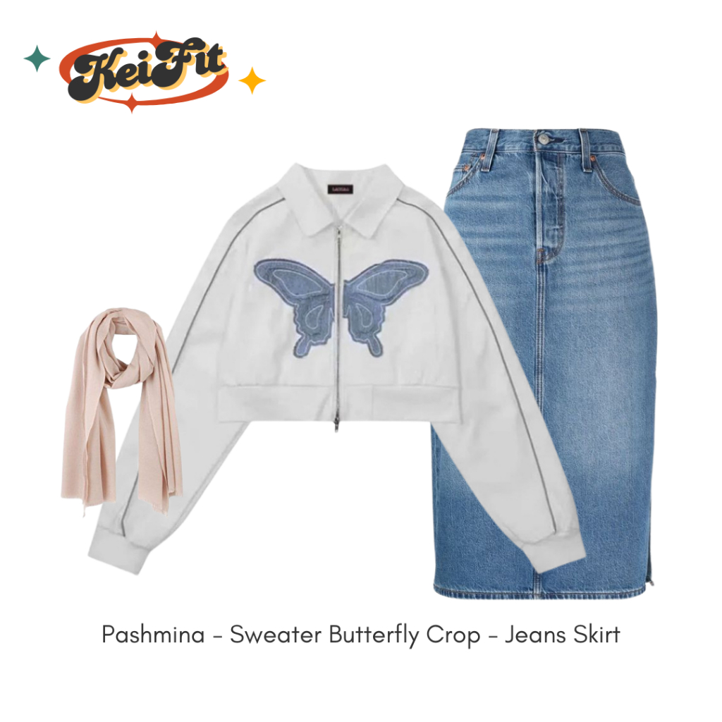 Jeena One Set 3in1 Outfit Korean ( Jacket Butterfly + Rok Jeans + Hijab ) Setelan Remaja Kekinian