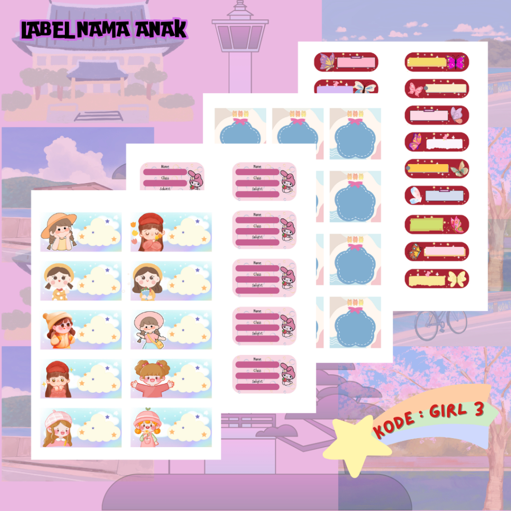 

Label Nama Anak Perempuan cute girl my melody kupu kupu set isi 50-60pcs