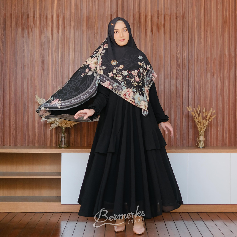 BERMERKS SYARI | LUNA Gamis Wanita Simple Set Hijab Motif Bunga Ceruty Babydoll Premium All Size