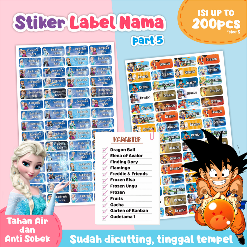 

PART 5 Stiker Label Nama Waterproof Versi Kotak - Dragon Ball, Flamingo, Frozen, Fruits, Gudetama