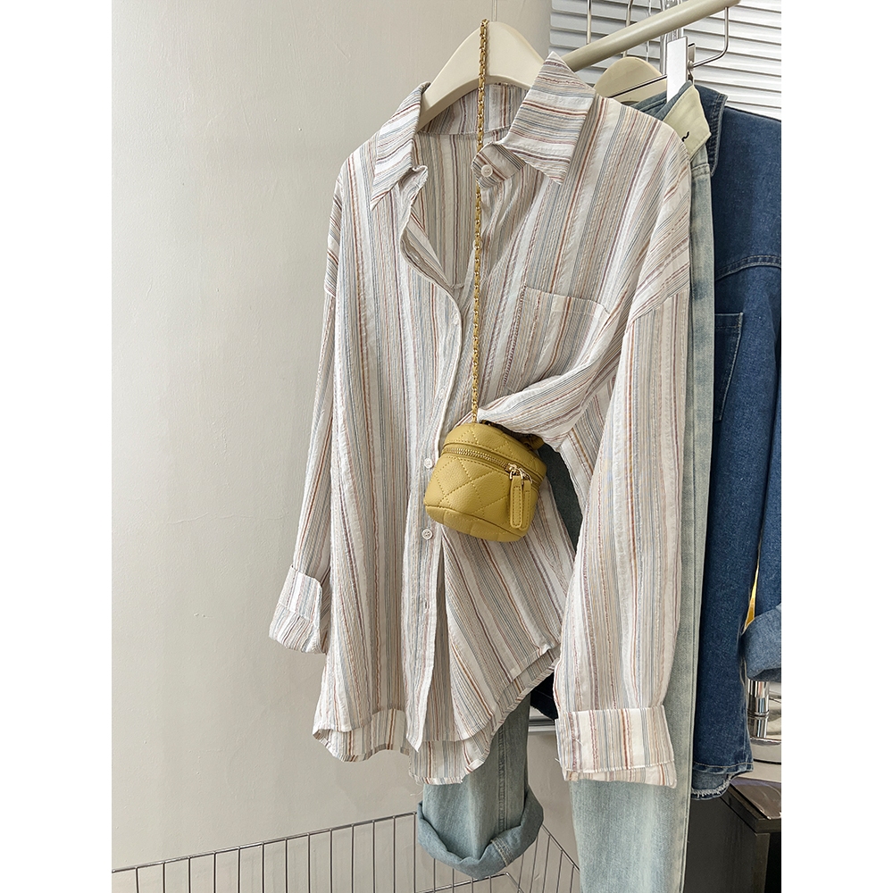 Forteid Crinkle Blouse Atasan Wanita Kemeja Lengan Panjang Wanita Casual Korean Style Stripe Shirt I
