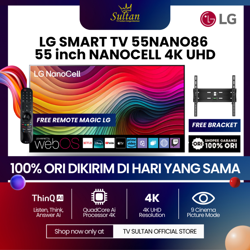 LG NANOCELL 55 INCH LED TV 55NANO86 4K UHD SMART TV 100% ORIGINAL + FREE BRACKET LG 55NANO86TPA