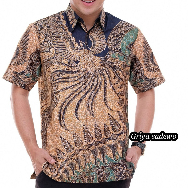 Baju Kemeja Batik Pria Dewasa Lengan Pendek Tulis Kombinasi Satin Premium Motif Rajawali