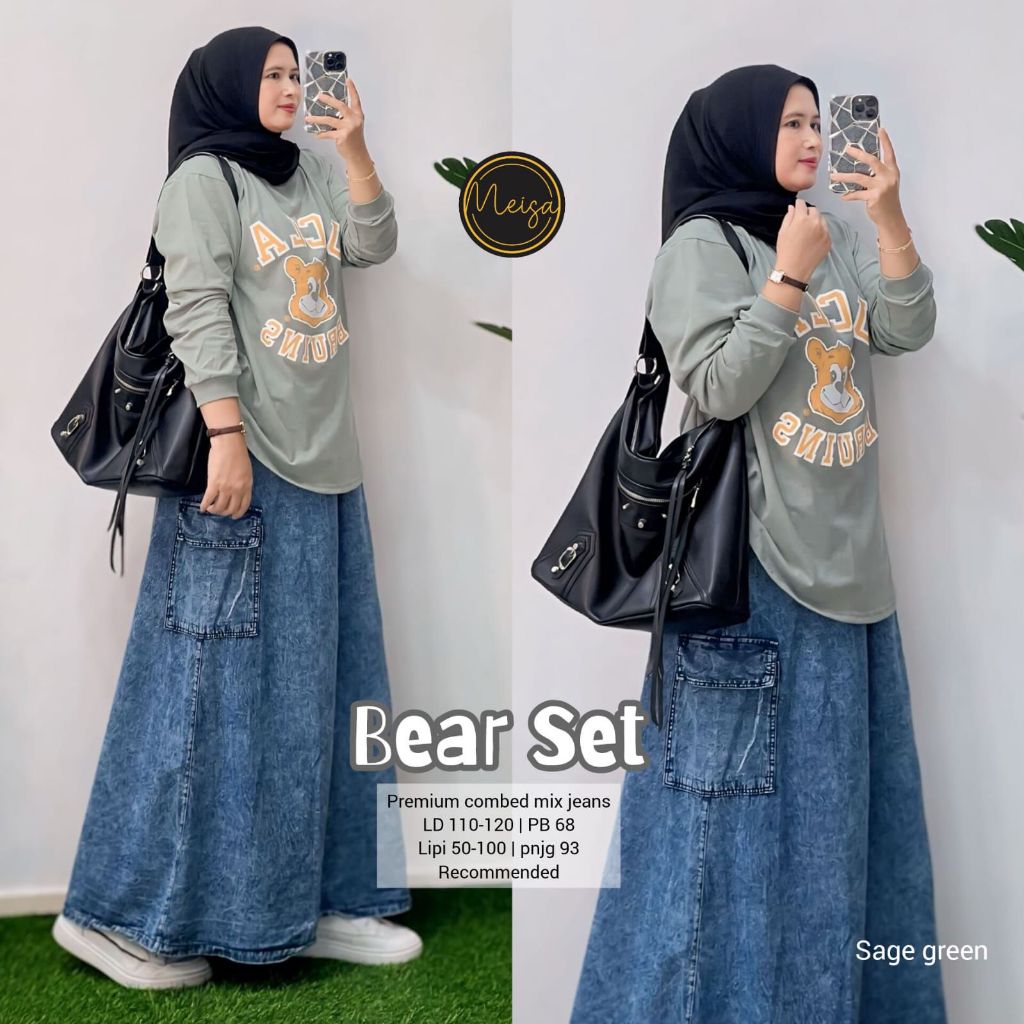 Setelan Rok Jeans Wanita Kekinian Bear One Set Jumbo Ld 110 - 120 Kekinian Terbaru Viral