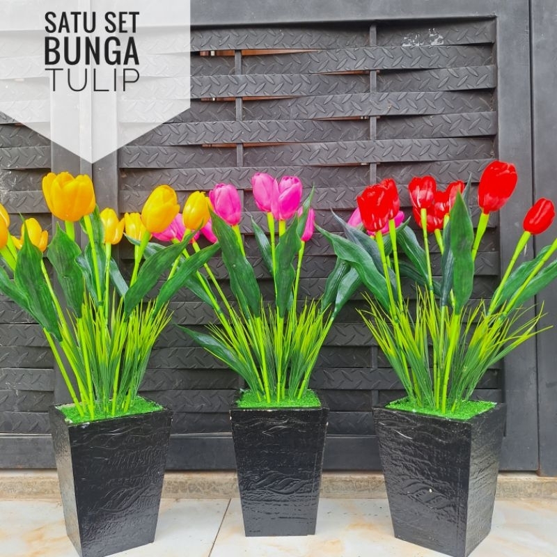 SATU SET BUNGA TULIP DAN POT KAYU BUNGA ARTIFICIAL BUNGA PLASTIK BUNGA HIAS BUNGA SUDUT