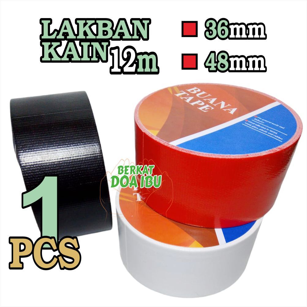 LAKBAN KAIN, CLOTH TAPE, LAKBAN HITAM, LAKBAN MERAH LAKBAN PUTIH 48MM PANJANG 12 METER 1 pcs