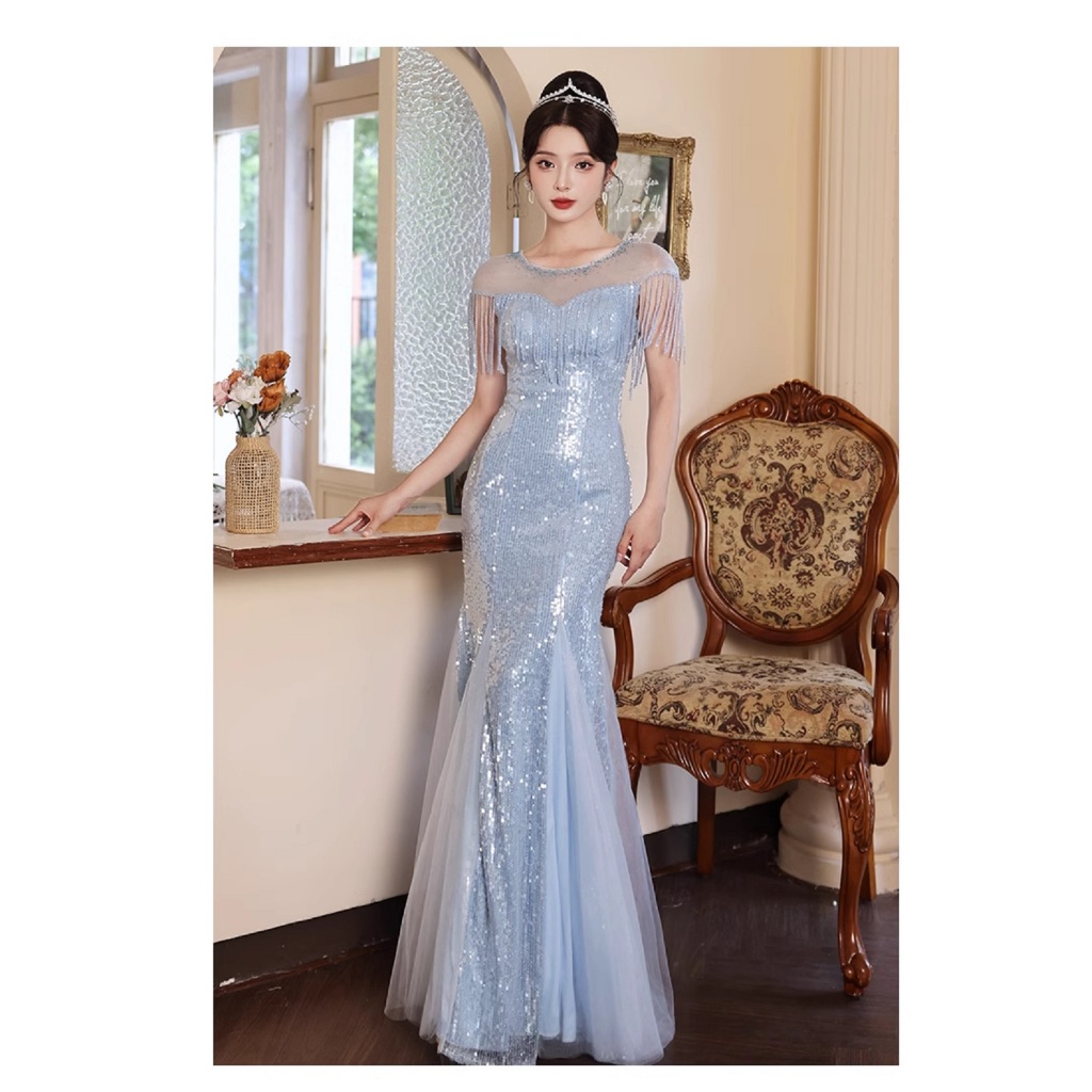 Gaun Pesta 2408013 Biru Muda Lengan Pendek Mermaid Party Dress