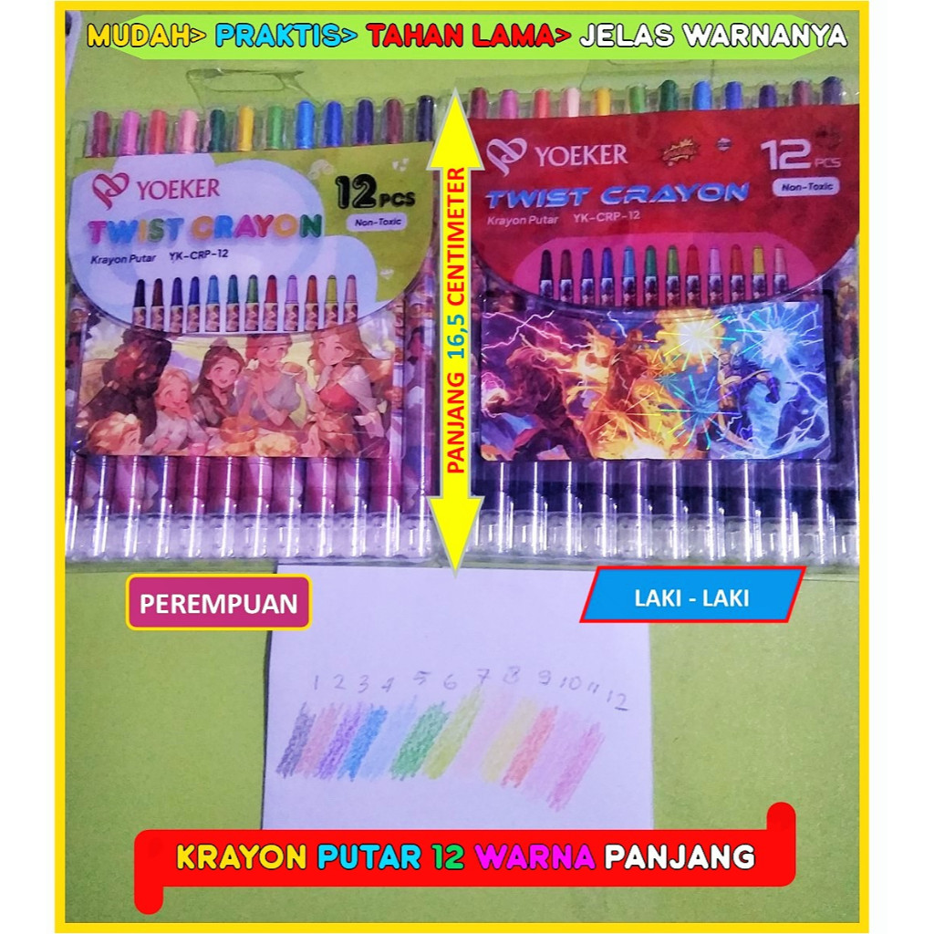 

KRAYON PUTAR 12 WARNA PANJANG ( YOEKER ) TWIST CRAYON ( NON TOXIC )