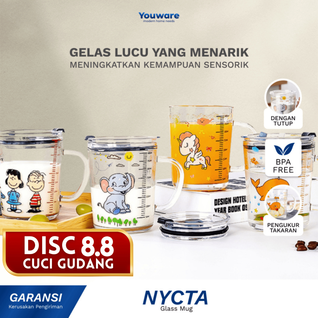 Youware - Nycta Glass Mug Aesthetic 300ml / Gelas Minum Kaca Simple Elegan Water Bottle Cup for Coff