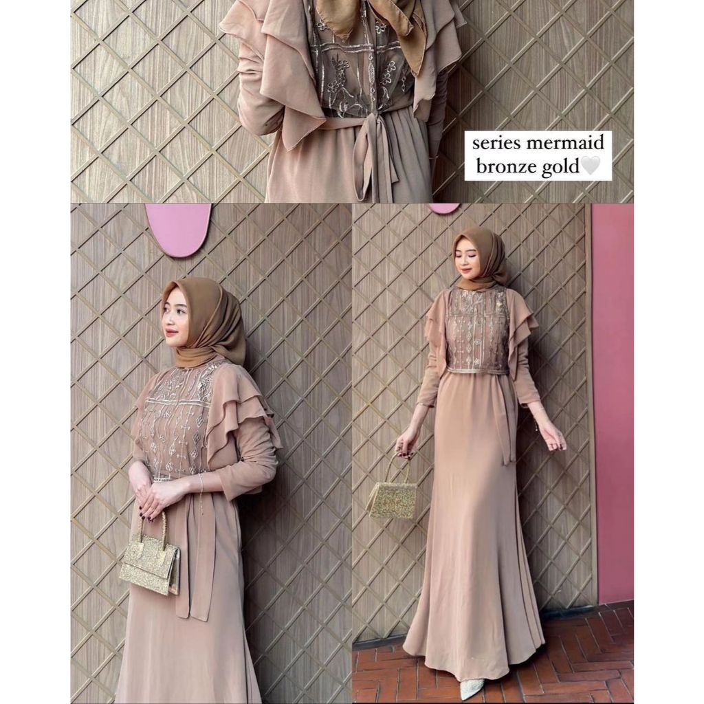 Gamis Pesta Mewah Elegant Set Outher Bahan Ceruty Babydoll Mix Brukat Tile Etnik Lauren Memaid Dress