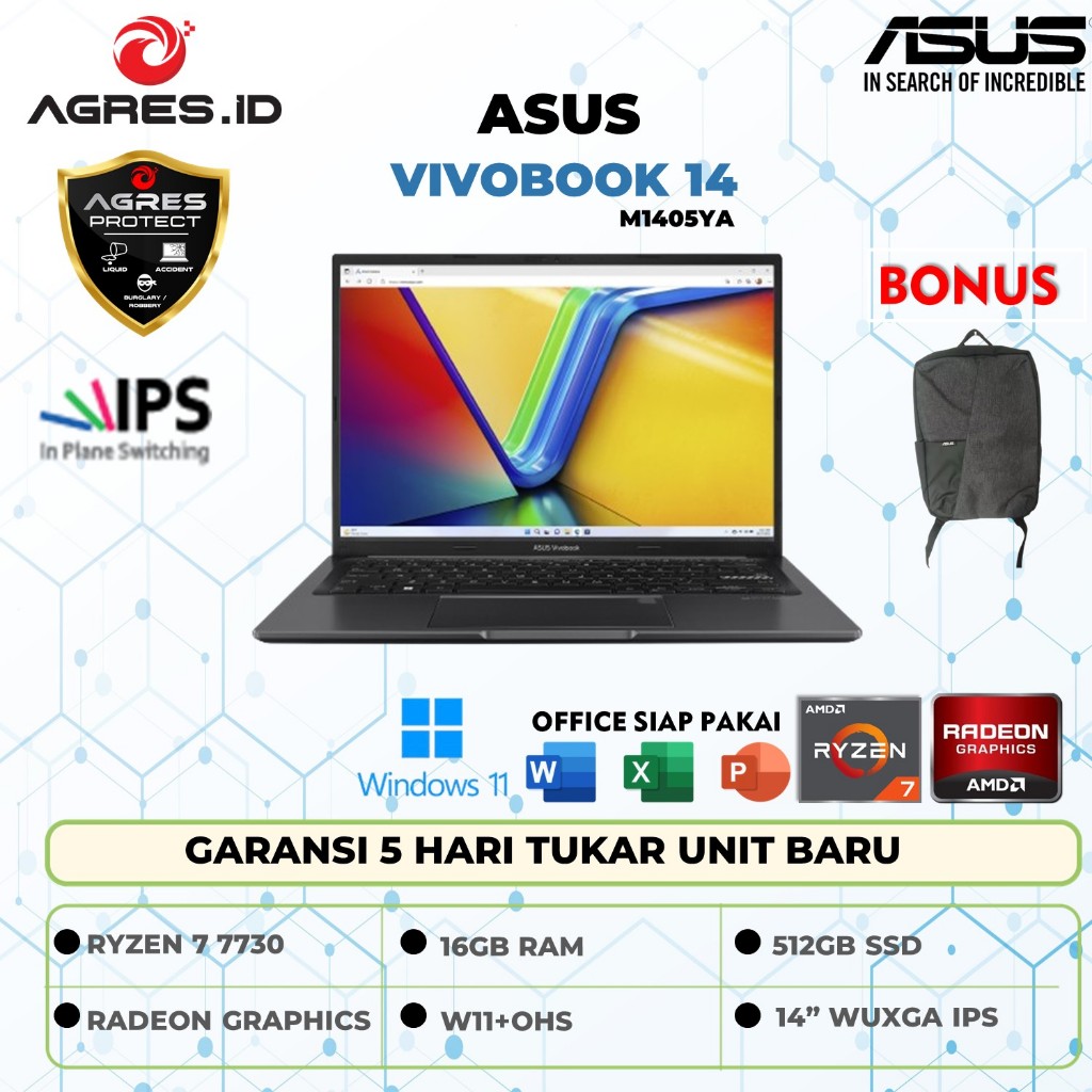 Laptop Asus Vivobook 14 M1405YA Ryzen 7 7730 Ram 16GB Ssd 512GB Win 11+Ohs 14" Wuxga Ips