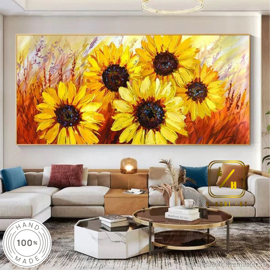 lukisan bunga matahari cerah cantik hiasan dinding 100% lukisan tangan asli / lukisan bunga matahari