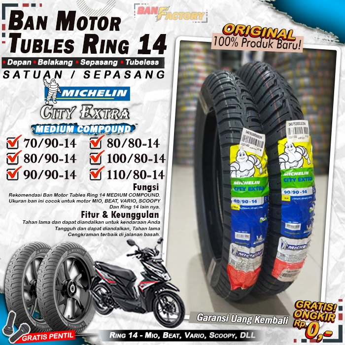 Ban Motor Beat Michelin City Extra Ring 14 Tubles Ban Motor Tubeless Mio Beat Vario Scoopy Ring 14