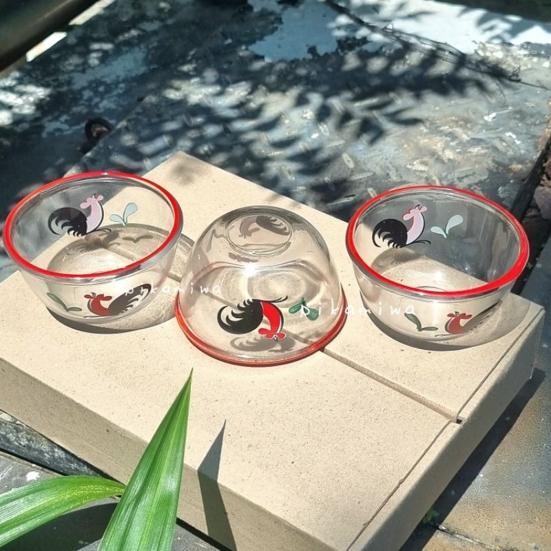 6 PCS MANGKOK AYAM KUKURUYUK MINI LIS MERAH mangkok mini mangkok kecil mangkok lucu mangkok kaca