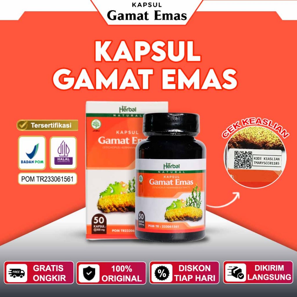 Kapsul Gamat Emas Asli 100% Ekstrak Teripang Emas Multi Khasiat - Isi 50 Kapsul - Gamat Mas Kapsul -