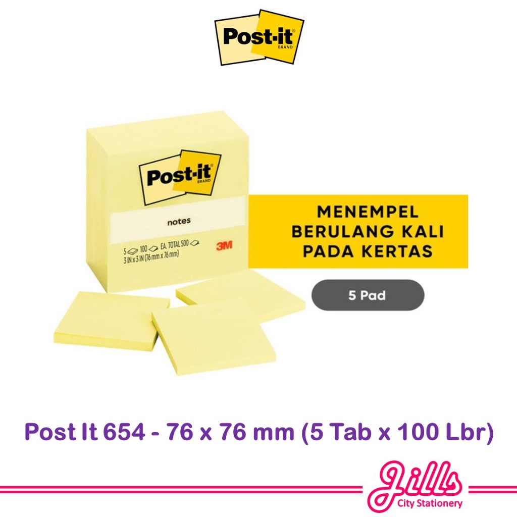 

Post It-3M Sticky Note 654 Kuning 3x3inch / 76x76mm (5 Pad Kuning x 100 Lbr)