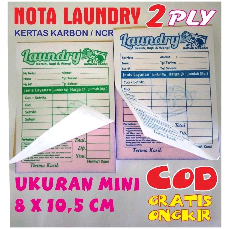 

nota laundry dan setrika.2 ply ukuram mini. 8 x 10,5 cm. Minimal beli 5 buku