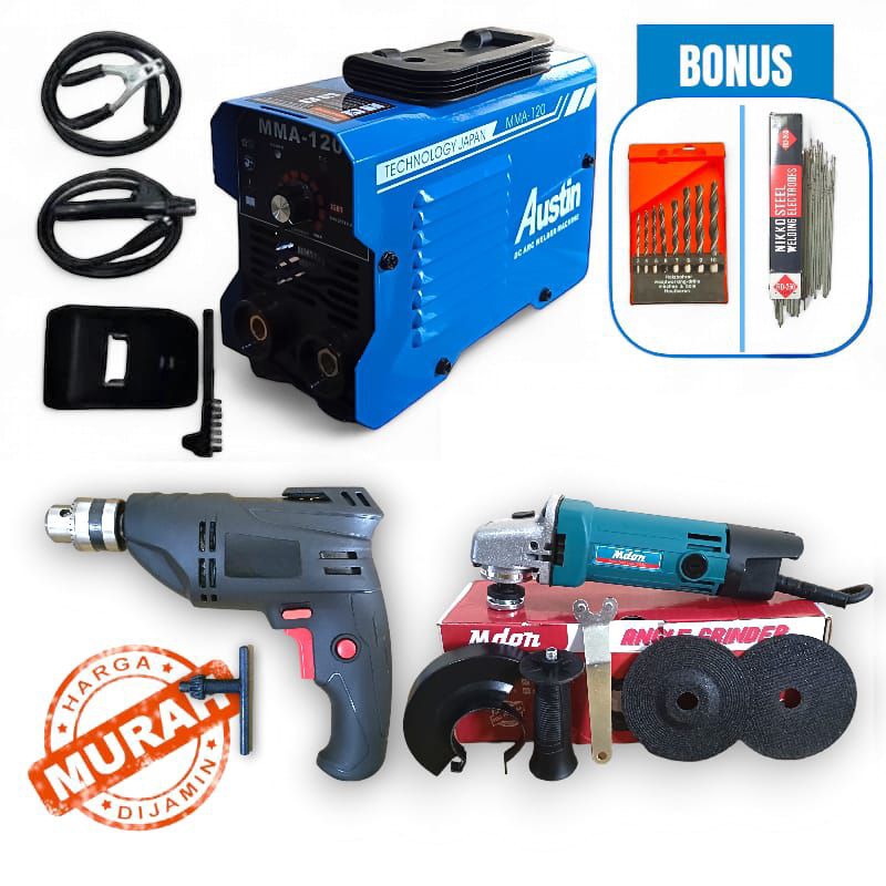 PAKET MURAH Mesin Las Listrik 415 watt AUSTIN BONUS KAWAT LAS + Gerinda Tangan 4" RYOTA / MDON + BOR