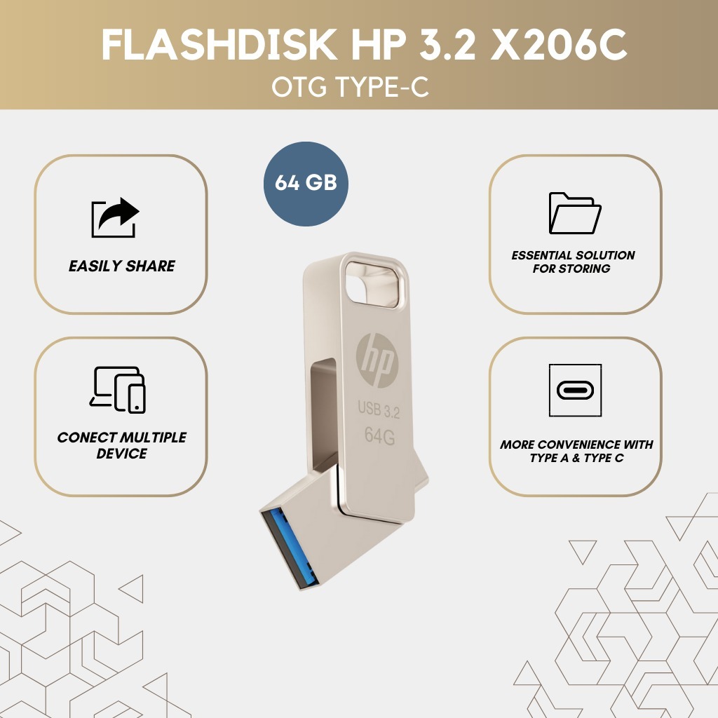 Flashdisk HP 64GB 3.2 X206C OTG Type-C Penyimpanan HP 64GB X206C OTG Type-C Flashdisk HP 64GB