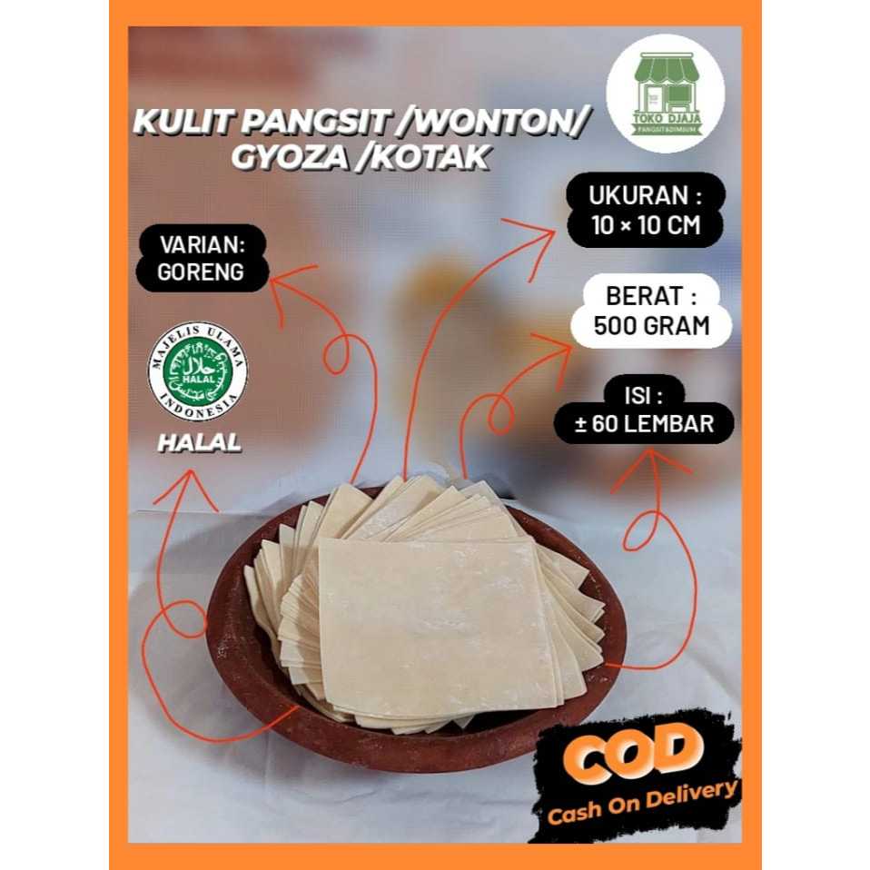 

Kulit Pangsit Goreng Kotak Kemasan 500 gram Putih 10cm x 10cm Kulit Pangsit Enak,Gurih,Halal