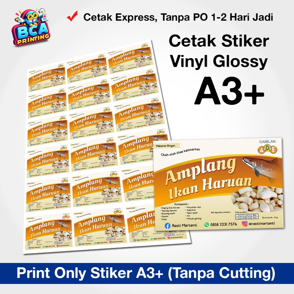 

Print stiker | cetak stiker vinyl / transparan A3+ | anti air | Stiker Label Kemasan UMKM | PRINT ONLY