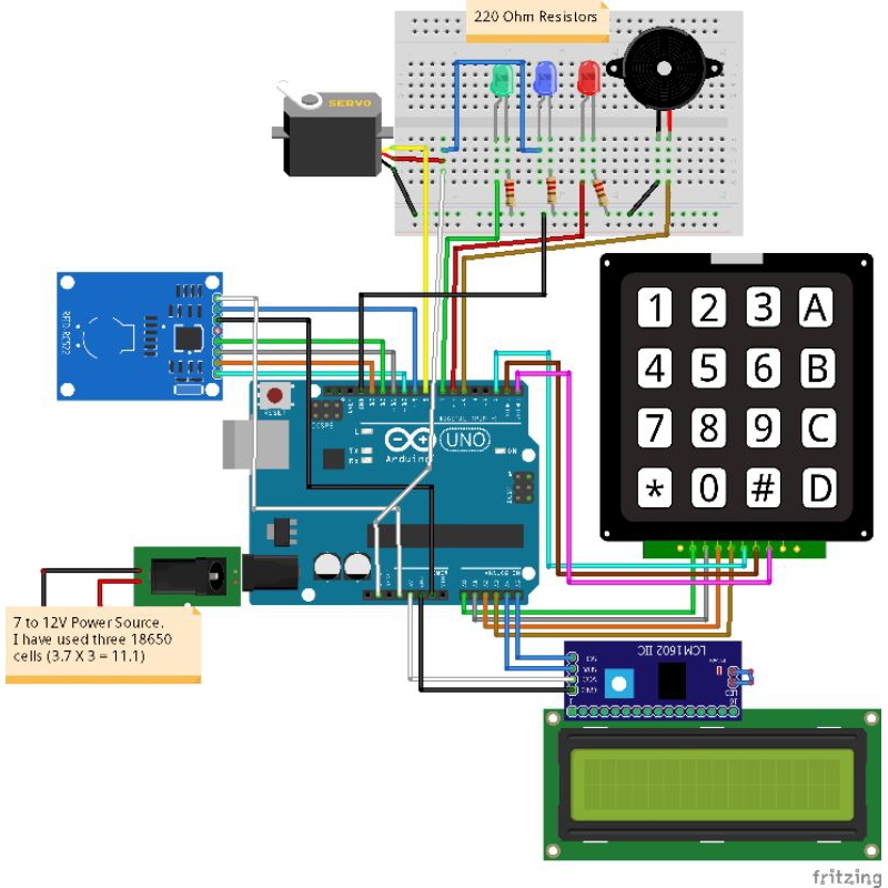 sistem pengamanan access otomatis menggunakan Arduino uno rfid dan keypad servo sg90 buzzer dan led 