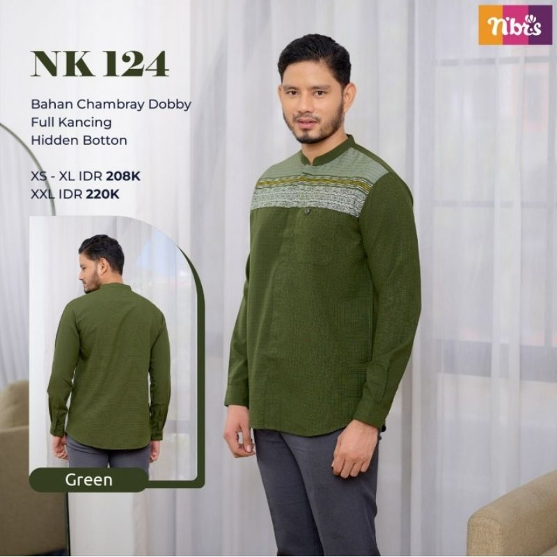 Nibras NK 124 Green Brown Navy Maroon Bahan Chambray Dobby Baju Koko Pria Lengan Panjang BIG SALE